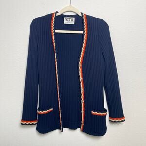 Vintage ACT III Ribbed Cardigan Sweater Navy Orange Trim ILGWU USA Wool Blend
